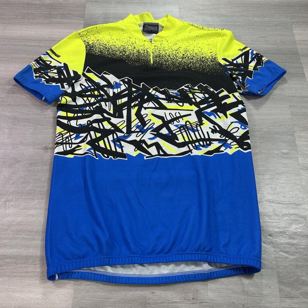 VINTAGE Tommaso Cycling Jersey Mens Large Blue Yellow 1/4 Zip Italy Graphic